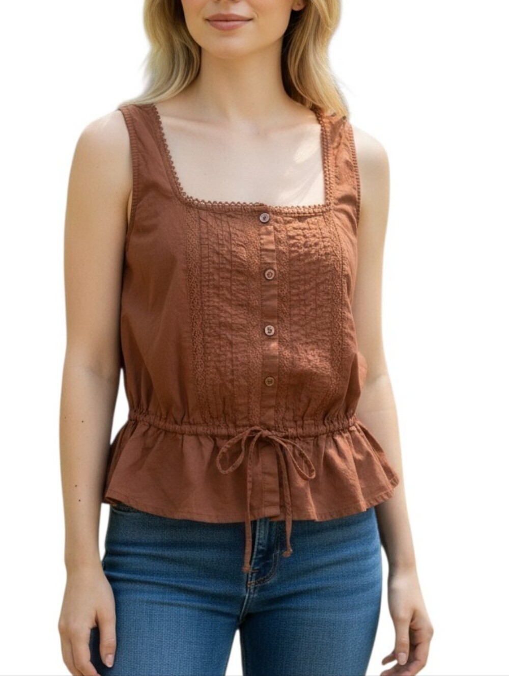 NWOT Old Navy 100% Cotton Brown Button-Front Peplum Camisole Size S